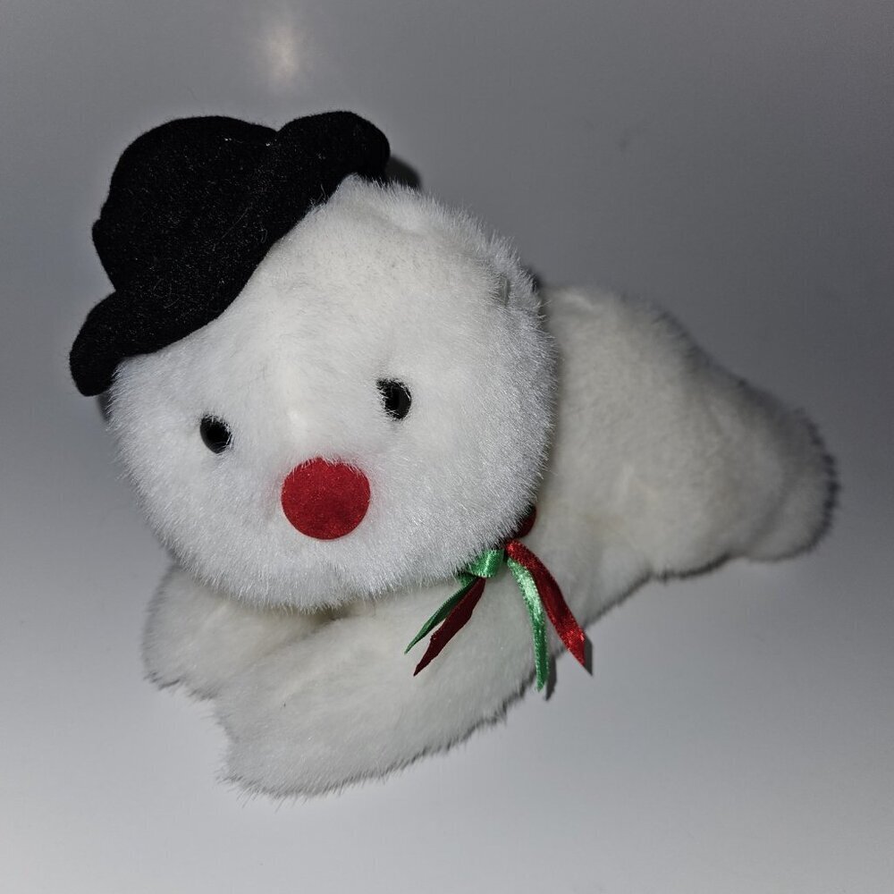 VTG Kellytoy Snowman Bean Bag Plush 8" Long Black Hat Red Green Bows Christmas